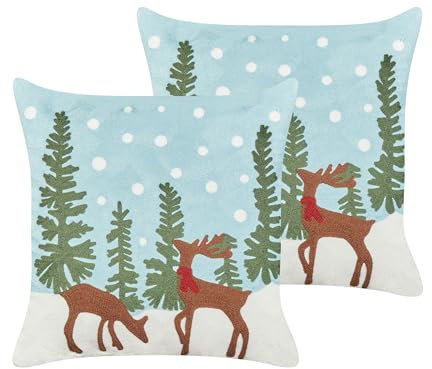 Beliani Dekokissen 2er Set Baumwolle blau Weihnachtsmotiv Rentiere 45x45 cm Peppermint