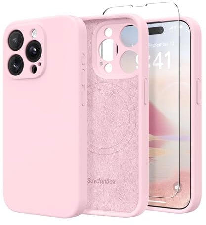 SuydanBox Magnetic for iPhone 12 Pro Max Case, Compatible with MagSafe, [Full Camera Protection][Screen Protector] Silicone Shockproof Protective Phone Case for iPhone 12 Pro Max 6.7, Chalk Pink