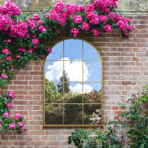 MirrorOutlet The Fenarc - Gold Metal Framed Modern Arched Garden Wall WIndow Mirror 47 X 31 (120CM X 80CM) Gold. 2cm Wide Frame and 3cm Deep. Perfect for Home and Garden