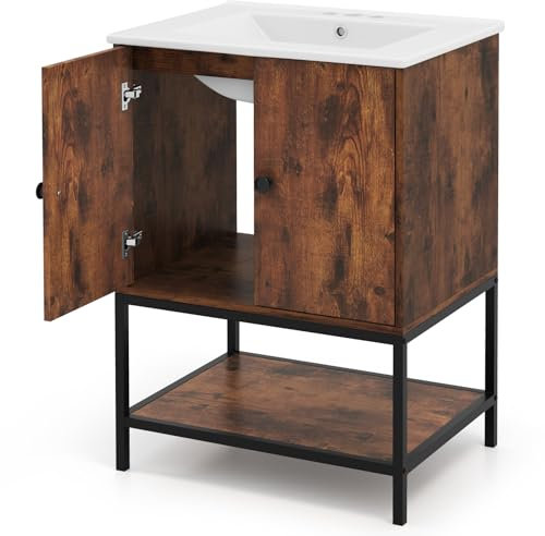 GIANTEX Waschtisch, Unterschrank mit Keramikspüle, Badezimmerschrank mit 2 Türen & Ablage, 61 x 46,5 x 87 cm Waschtischunterschrank für Badezimmer, Badschrank zum Waschen