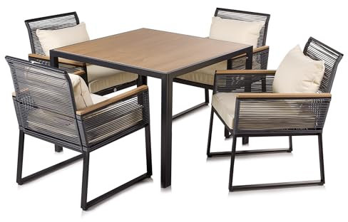 Alfresia Aluminium 5 Piece Dining Set with Cushions, 4 Seater Outdoor Garden Furniture Including Patio Table and Chairs, Aluminium Garden Furniture with Cushions