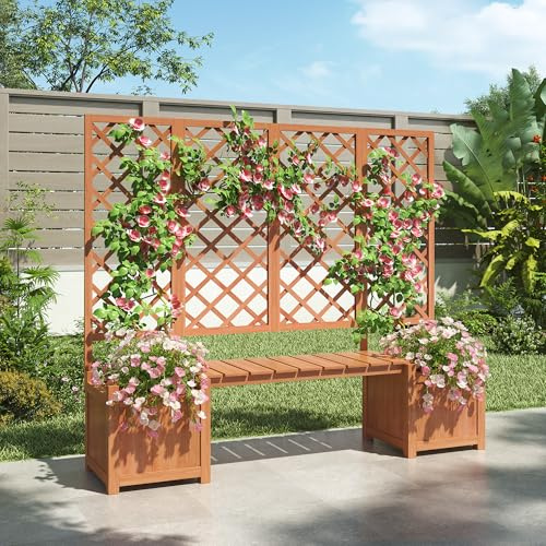 LAKFEW Pflanzkübel mit Bank 2 Sitzer, Pflanzgefäß mit Sichtschutz und Rankgitter, Rankkasten Holz Blumenkasten Rankhilfe mit Spalier, Blumenkübel für Kletterpflanzen Korbpflanzen, 169x42x145 cm, Braun