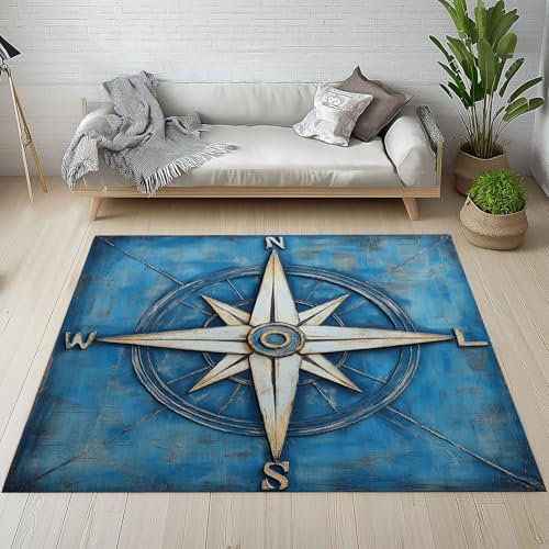 Nautische Kompass Teppich Rutschfest Weich, Meer Marine Maritim Abenteuer Teppich Wohnzimmer 80x150 cm, Vintage Holzmaserung Teppiche Kurzflor Waschbare fur Schlafzimmer, Badezimmer, Kinderzimmer
