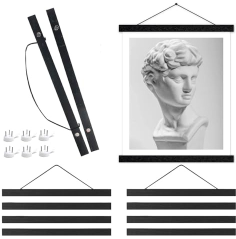 LNSYSNS 3 Stück Posterleiste A3, 31 cm Holz Posterschiene | Schwarze Magnetische Posterhalter, mit Seil und Nägeln, für Präsentation von Postern und Kunstgemälden