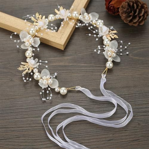 Flower Girl Headbands, Bridal Floral Headband with Adjustable Ribbon Flowers Crown Handmade Pearl Vine for Bridesmaid Bridal Women Girls Wedding Communion Birthday Party Festival Fairy Headpiece