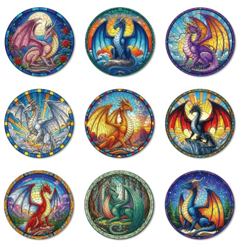 ANATTASOUL 9 Pièces Dragon Fantastique Muster Coaster pour Maison | sous Verres Peinture Coasters Coaster Rond Coasters for Drinks pour Maison, Bar, Bureau