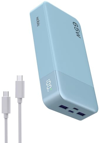 NOBIS Batterie Externe 65W 20 000 mAh Charge Rapide PD QC USB-C | 2 USB-C entrée/sortie et 2 USB-A, écran digital, compatible ordinateur portable, téléphone, tablette, écouteurs