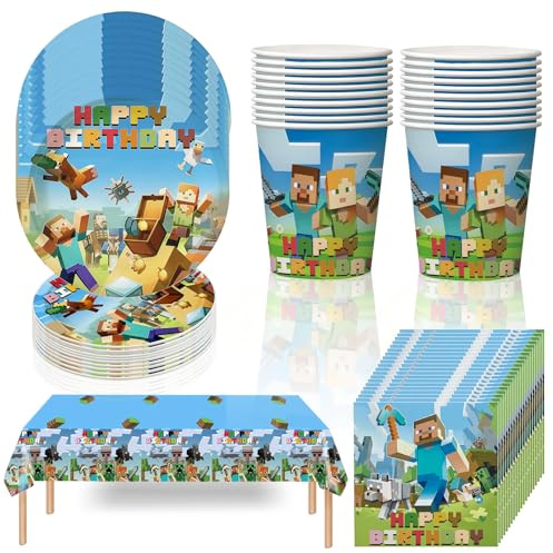 Sinmaklin 61-Piece Party Decoration & Tableware Set | Birthday Supplies for 20 Guests with 20 Plates, 20 Napkins, 20 Cups & 1 Tablecloth