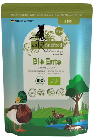 CATZ finefood Organic Bio Nourriture pour Chat au Canard – Nourriture Humide monoprotéine de qualité Bio pour Chats – Alimentation adaptée à l'espèce avec 94% de Viande – Fabriqué en Allemagne (6 x