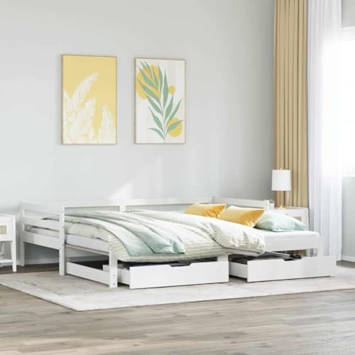Hoopleep White Pine Wood Daybed with Drawers, Extendable 90x200 cm Twin to Double Bed Frame, Versatile Sofa Bed with Storage for Living Room Guest Bedroom
