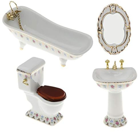 4-teiliges Puppenhaus-Möbel-Set, 1/12 Puppenhaus-Badezimmer aus Porzellan, inklusive Toilette, Badewanne, Waschbecken und Spiegel, realistisches Miniatur-Möbel-DIY-Zubehör