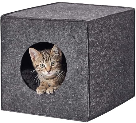 Relaxdays Katzenhöhle, Filz, HxBxT: 33 x 33 x 37 cm, Katzenhaus für Regale, faltbar, mit Kissen, Katzenbett, dunkelgrau