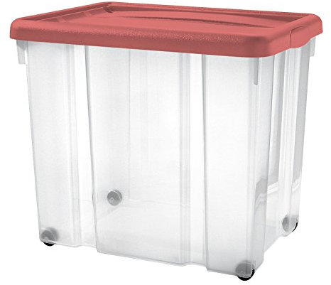 Tontarelli Aufbewahrungsbox große Puzzle Box, mit Deckel und Rädern, 60,5 x 40 x 50 cm, Farbe Transparent und Rot Koralle