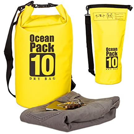 Relaxdays Ocean Pack 10 L, wasserdichter Dry Bag, ultraleichter Trockensack für Kajak, Segeln, Rafting, Skifahren, gelb