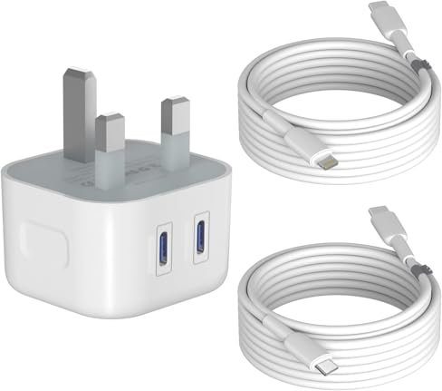 TheMax® USB C Dual Port 20W PD Power Adapter Charger With USB C Cable 1m + USB iOSiPhone Cable 1 metre Compatible With iOSiPhone 14/14 pro max Samsung S24/S23/S22 Tablets etc