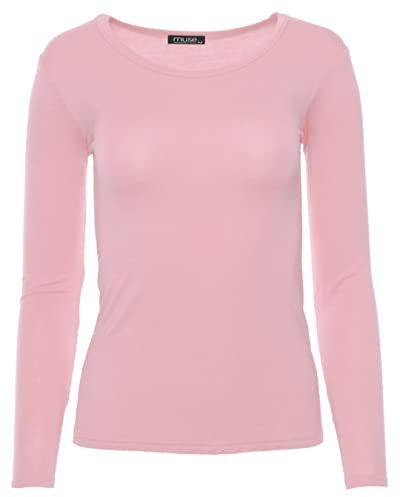 Easy Young Fashion - Damen Basic Rundhals Shirt - Langarm Unterziehshirt - Skinny Fit 1093 - Hellrosa S