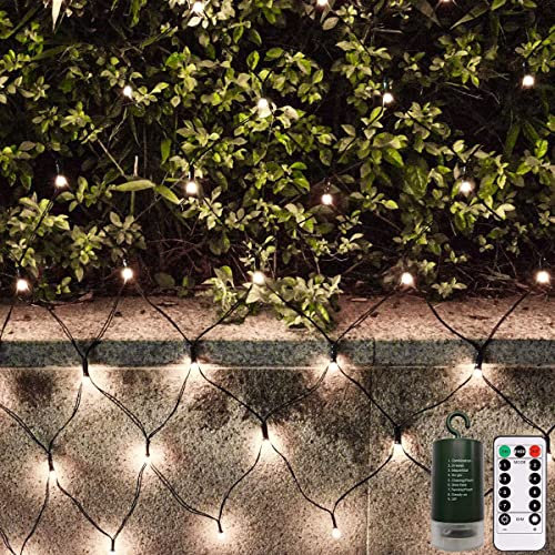 CCILAND 1.5 x 1.5m Battery Garden Net Fairy Lights White, Remote Control, 8 Modes, Timer, Dimmable, 100 LED Curtain Mesh Lights String Waterproof for Bedroom Curtatin Wall Patio Bush Outdoor Decor