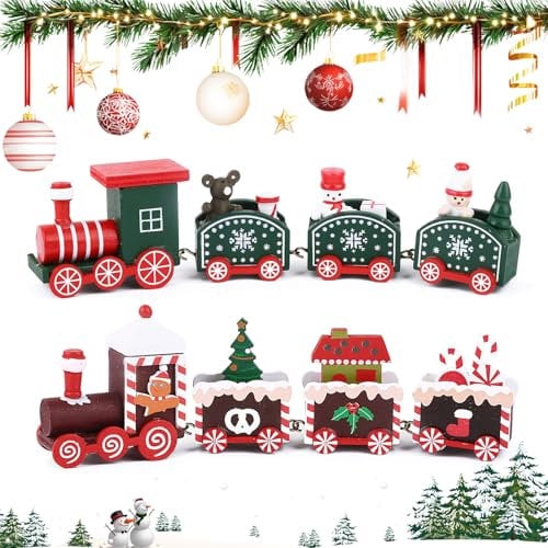 2pcs Petits Train de Noël en Bois Ornement Pendentif Train Caravane Forme Bonhomme de Neige Père Noël Bonhomme en Pain d'Épice Cadeau Décoration pour Artisanat Table Maison Jardin Fête Nouvel An Vert