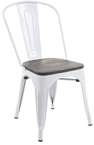 Mendler Stuhl HWC-A73 inkl. Holz-Sitzfläche, Bistrostuhl Stapelstuhl, Metall Industriedesign stapelbar - weiß