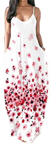 PADOLA Robe Femme Chic et Élégante Bohème Avec Poche Bretelles Spaghetti Maxi Floral de Plage Longue Été Décontractée Vintage Grande Taille Sans Manche (5 Fleur Rose, S)