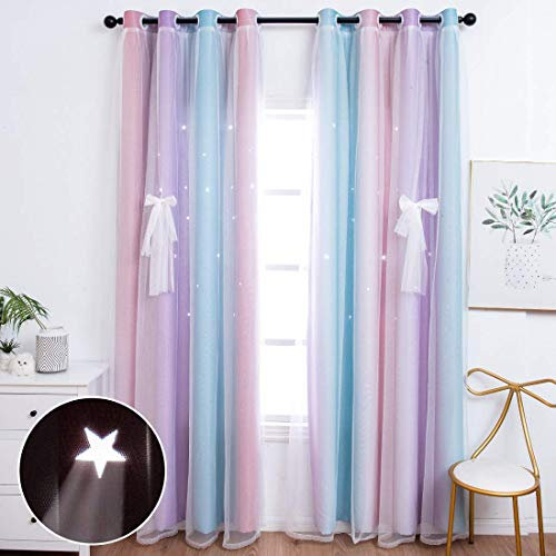 UNISTAR 2 Paneele Sterne Verdunkelungsvorhänge für Kinder Mädchen Schlafzimmer Wohnzimmer – doppellagige ausgeschnittene Streifen rosa und lila Regenbogen-Fenstervorhänge (doppelseitig) B 132 x L 160