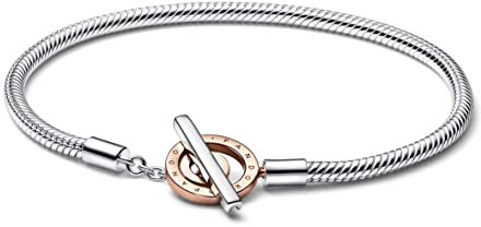 PANDORA Signature Bicolor Logo T-Verschluss Schlangen-Gliederarmband aus Sterling-Silber und rosévergoldeter Metalllegierung - Größe: 23 cm, 582309C00-23