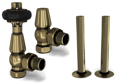 UK Radiators Antique Brass Thermostatic Radiator Valves and Angled Lockshield Valve - Brushed Antique Brass Finish - Traditional Design 1/2 x 15mm Wooden Head Radiator Valves with 130mm Pipe Sleeves
