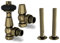 UK Radiators Antique Brass Thermostatic Radiator Valves and Angled Lockshield Valve - Brushed Antique Brass Finish - Traditional Design 1/2 x 15mm Wooden Head Radiator Valves with 130mm Pipe Sleeves