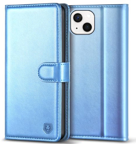 Kuafcase Compatible for iPhone 13 Case with 4 Card Slots Magnetic Closure Kickstand Shockproof Protective Phone Case Compatible for iPhone 13 - Sky Blue
