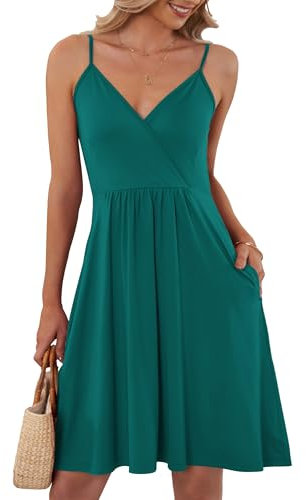 AUSELILY Femme Robe ete de Plage Chic et Elegant Robe Bretelles Fines Décontractée Courte Col en V avec Poches(XXL,Vert Foncé)