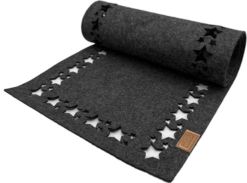 Miqio Design Filz Tischläufer Sterne | Tischläufer Winter | 150x 40cm abwaschbar | Filzläufer 0ekotex Filzstoff mit Echtleder Label | Tischdecke Weihnachten- Dunkelgrau anthrazit