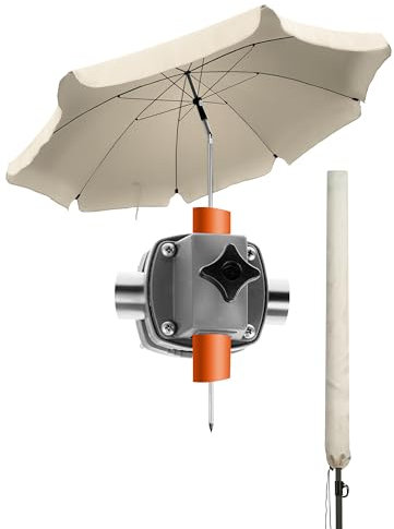Menz Premium SET Sonnenschirm Balkon + Sonnenschirmhalter Balkongeländer + Sonnenschirmhülle - UV 50+ Balkonschirm mit Halterung, Ø 180 cm Sonnenschirm - Beige