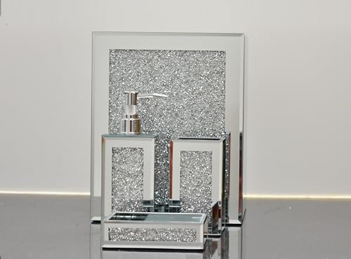 Biznest Set of 4 Piece Crushed Jewel Diamond Bathroom Accessories with Soap Dispenser Toothbrush Holder Soap Holder & Bin in Silver
