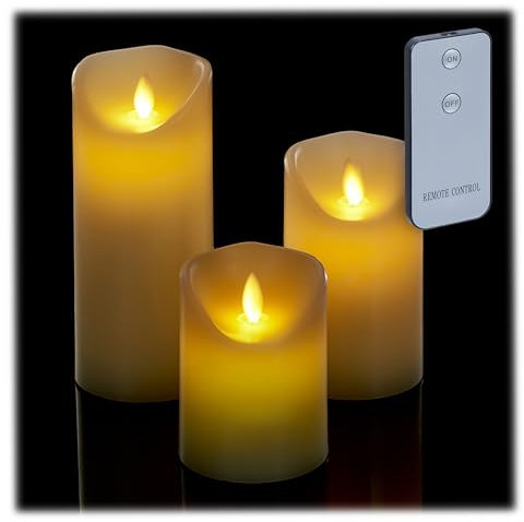 Relaxdays LED Kerzen, 3er Set, mit Timerfunktion, beweglicher Flamme & Fernbedienung, flammenlose Kerzenlichter, creme