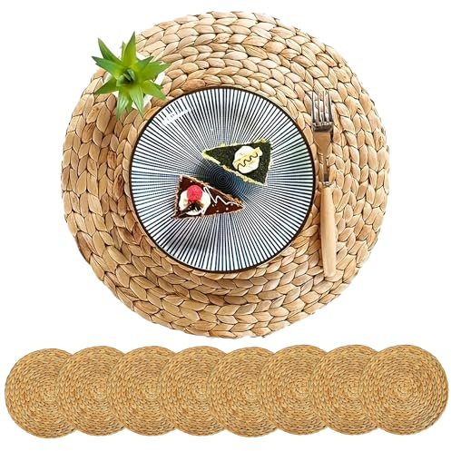PECZEKO 8er Set Rund Seegras Platzset Abwaschbar Platzsets Tischsets Werden, Boho Platzteller, Ideal für Weihnacht Hochzeit Küche Party, Hitzebeständige 35cm Platzdeckchen Abwaschbar, Natur