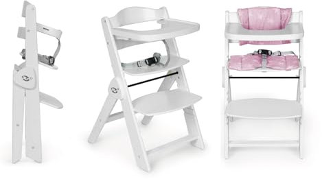 Ms BabyWorld Seggiolone PIEGHEVOLE Full per bambini in legno, completamente pieghevole, evolutivo, seggiolone, ergonomico, regolabile, sicuro, Bianco/Rosa