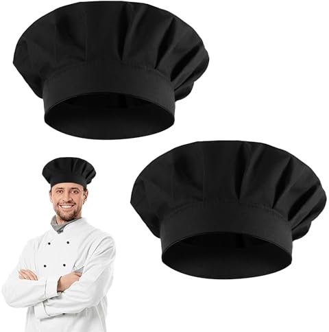 YQQYG 2 gorros de cocinero negros, unisex, gorro de chef, gorro de chef, gorro de cocinero para mujer, sombrero de cocinero ajustable, de algodón, gorro de cocinero, gorro de cocinero, gorro de cocina