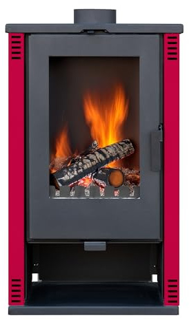ALAZ Mouse K10M Poêle à bois 10 kW - Bordeaux - Poêle à bois avec chambre de combustion réfractaire et grande fenêtre - Pour bûches jusqu'à 50 cm - Classe énergétique A+