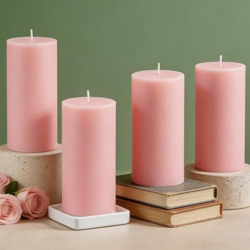 4-Pack Soy Wax Pillar Candles, Rose Scented Candles, 4.5cm W x10cm H | 30H Burning Time Non-Toxic & Smokeless Candles with Cotton Wick for Home Decor Church Wedding