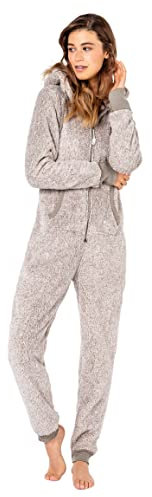 Eight 2 Nine Damen Teddyfleece Jumpsuit mit Kapuze und Öhrchen, Flauschiger Overall mit Daumenlöchern, kuschelig bequemer One-Piece für entspannte Stunden, schwarz, grau, rosa XS-XL Light-grey1 XS/S