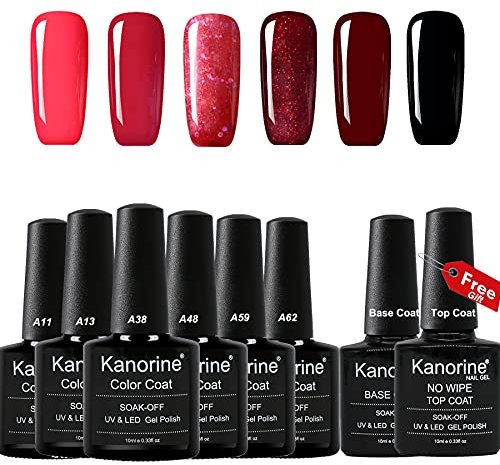 KANORINE 8pcs Nail Gel polish red series Set (6 colors + base & top coat) Soak off UV/LED Gel Nail Polish Long Lasting Gel Varnish Manicure Set 10ml x8pcs