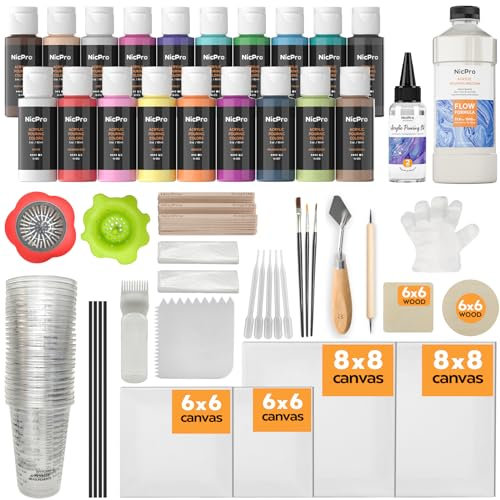 Nicpro Acrylic Pour Kit, Artist Starter Supplies Including 19 Colors Acrylic Paints, Pouring Medium, Silicone Oil, Canvases, Gloves, Strainers, Brushes, Mixing Stick for Flow DIY Painting