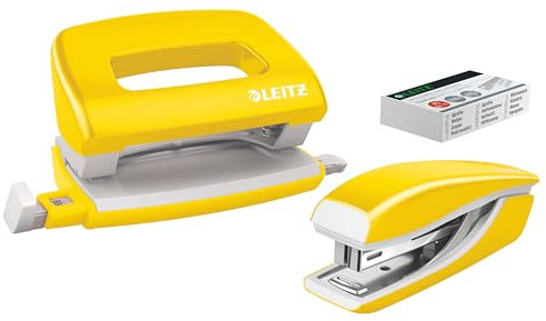 Leitz NeXXt Mini-Locher- und Heftgerät-Set für bis zu 10 Blatt, Inkl. P2 Nr. 10 Heftklammern, gelb, WOW, 55612016