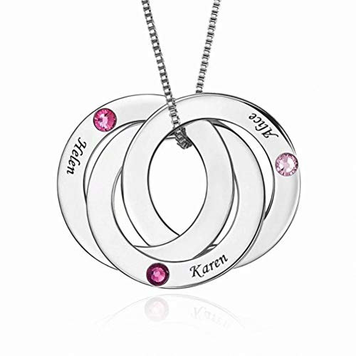 Russische Ring Halskette mit Gravur 3 bis 4 Geburtsstein Kinder Name Namenskette für Damen Mädchen Mutter Oma Familienkette Personalisiert Rund kreis Kette in 925 Sterling Silber Geschenkbox