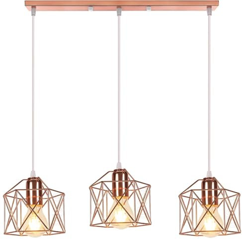 PETITES ECREVISSES Suspension Luminaire Industrielle 3 Lampes Vintage E27 Lustre Abat-jour en Métal Design pour Salon Chambre Cuisine (Or rose - avec une barre)