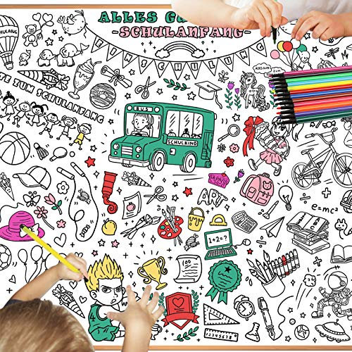 HOWAF Ausmal-Tischdecke Schulanfang, bemalbare Papier-Tischdecke Einschulung für Kinder, Dekoration Schulanfang Geschenk Schultüte Füllung für Jungen Mädchen, Geschenk Zuckertüte