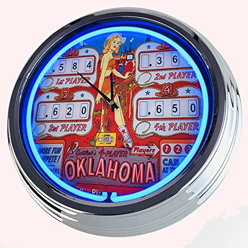 US-Way.de Oklahoma Gottlieb 1961 WallClock Deko-Clock – 44 cm Durchmesser, Deko-Wanduhr ohne Tickgeräusche und gut lesbares Display, USA 50er-Jahre-Stil Neon-Uhr für Küche, Wohnzimmer, Büro (Blau)