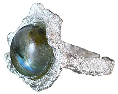 NicoWerk Damen Silberring Labradorit aus 925 Sterling Silber Blau Stein Rustikal Eismatt Grob Verstellbar Offen SRI658