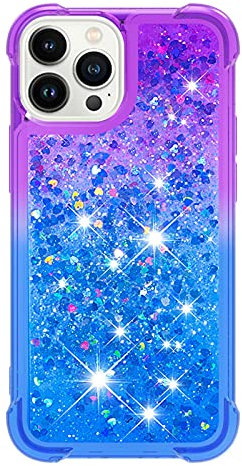 iPhone 13 Pro Case Glitter 3D Cute Bling Sparkle Quicksand Flowing Liquid Clear Transparent TPU Gel Silicone ShockProof Protective Phone Cover for iPhone 13 Pro Case Girls, Purple & Blue