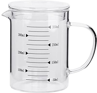 Glass Measuring Cup Jugs with Lid Borosilicate Graduated Glass Mug with Handle Pour Spout Clear Scale Mixing Beaker Microwave Cooking Baking Measuring Tool Measure Wine Milk Tea Coffee Cook 350ml
